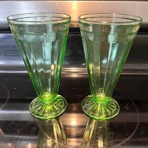 Pair Footed Tumbler Uranium Glass Anchor Hocking Block Otic Green 10 oz